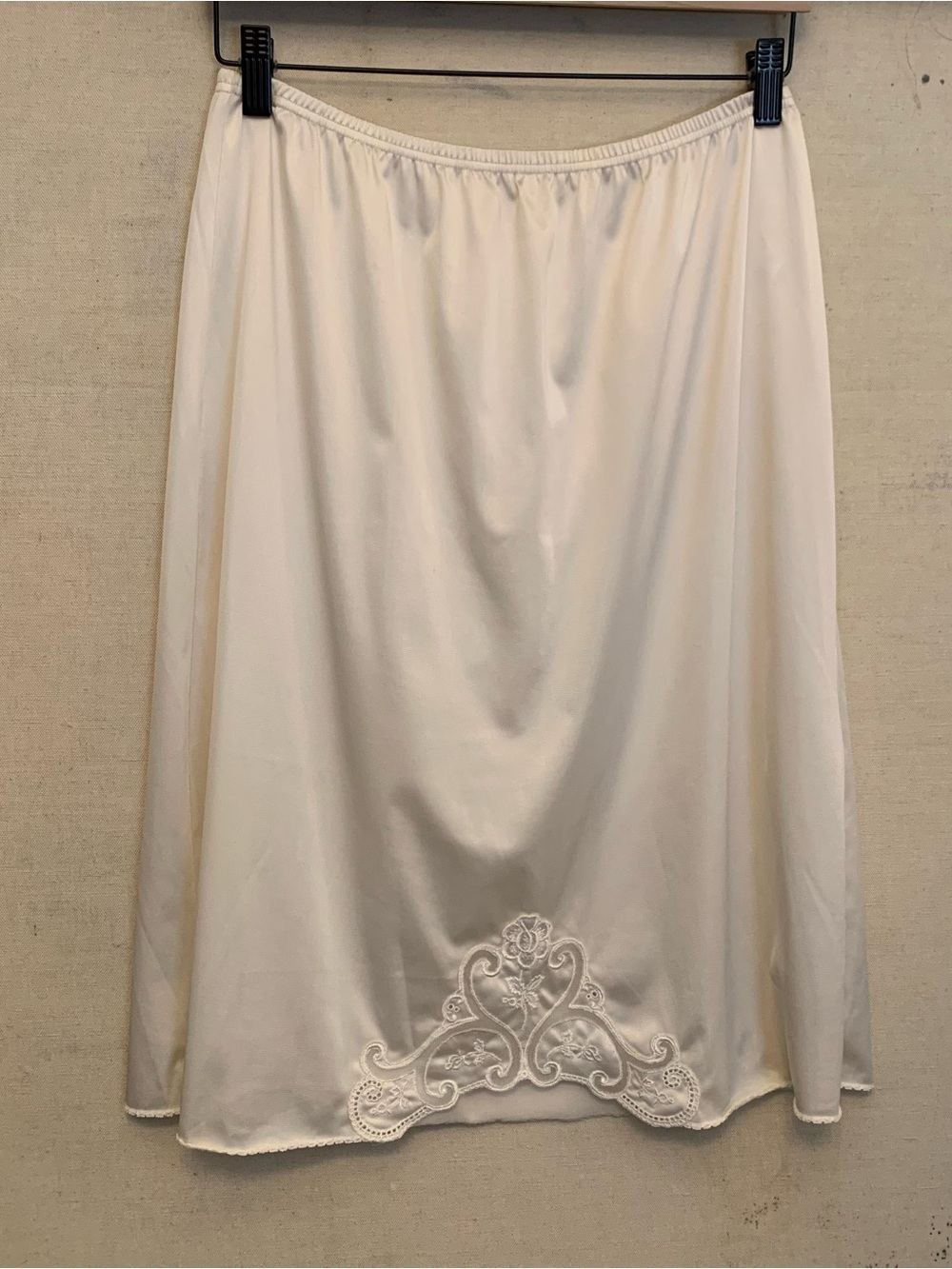Vintage Vanity Fair Cream White Satin Half Slip Skirt with Embroidery, Size L